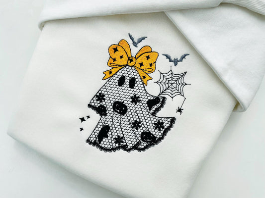 Cute Little Ghost with Bow lace effect dress Halloween machine embroidery designs for hoop 4x4 and 5x7 kids scary spooky design baby girls - image 2