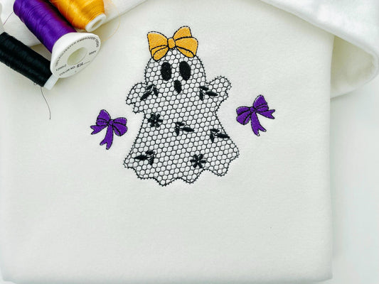 Cute Little Ghost with Bow lace effect dress Halloween machine embroidery designs for hoop 4x4 and 5x7 kids baby girls scary spooky design - image 2