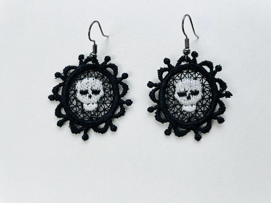Halloween Skull Cameo Vintage style charm earrings FSL freestanding lace machine embroidery designs girls earrings design simply in the hoop - image 2