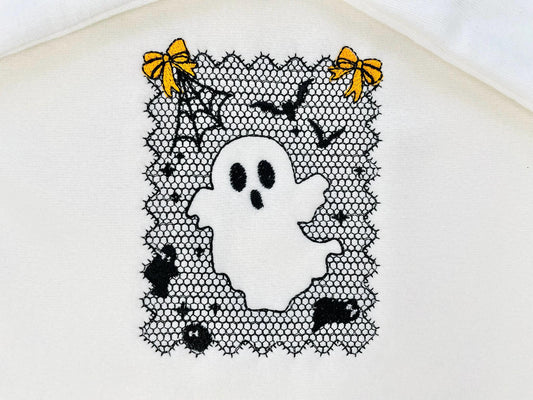 Halloween Ghost Lace effect Bats Spider Web Bow Cute Ghost machine embroidery designs sizes 4 up to 7 inch kids girls scary spooky design - image 2
