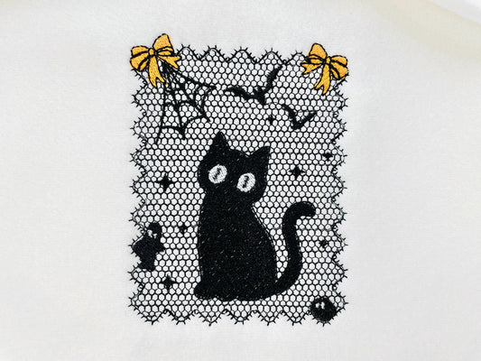 Halloween Kitty Cat Lace effect Black Kitten Spider Web Bats Ghost machine embroidery designs sizes 4 up to 6 inch girls scary spooky design - image 2