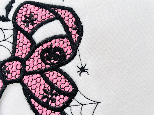 Halloween Spooky Lace Bow split side seam cutout Bow Applique and lace effect machine embroidery designs girls t-shirt sweatshirt design - image 2