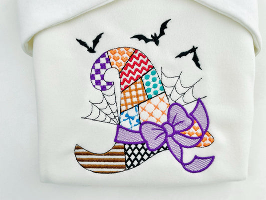 Patchwork Witch Hat Halloween theme awesome patterned Witch Hat outline girls machine embroidery designs sizes 4 up to 8 inch light stitch - image 2