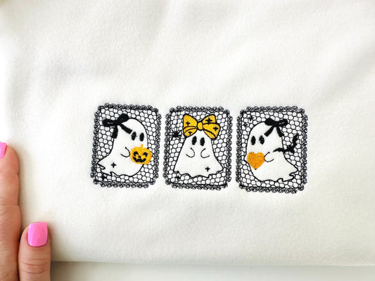 Halloween Cute Little Ghost Trio Lace effect machine embroidery designs sizes 5 up to 7 inch kids girls boys scary spooky design lace frame (view 5)