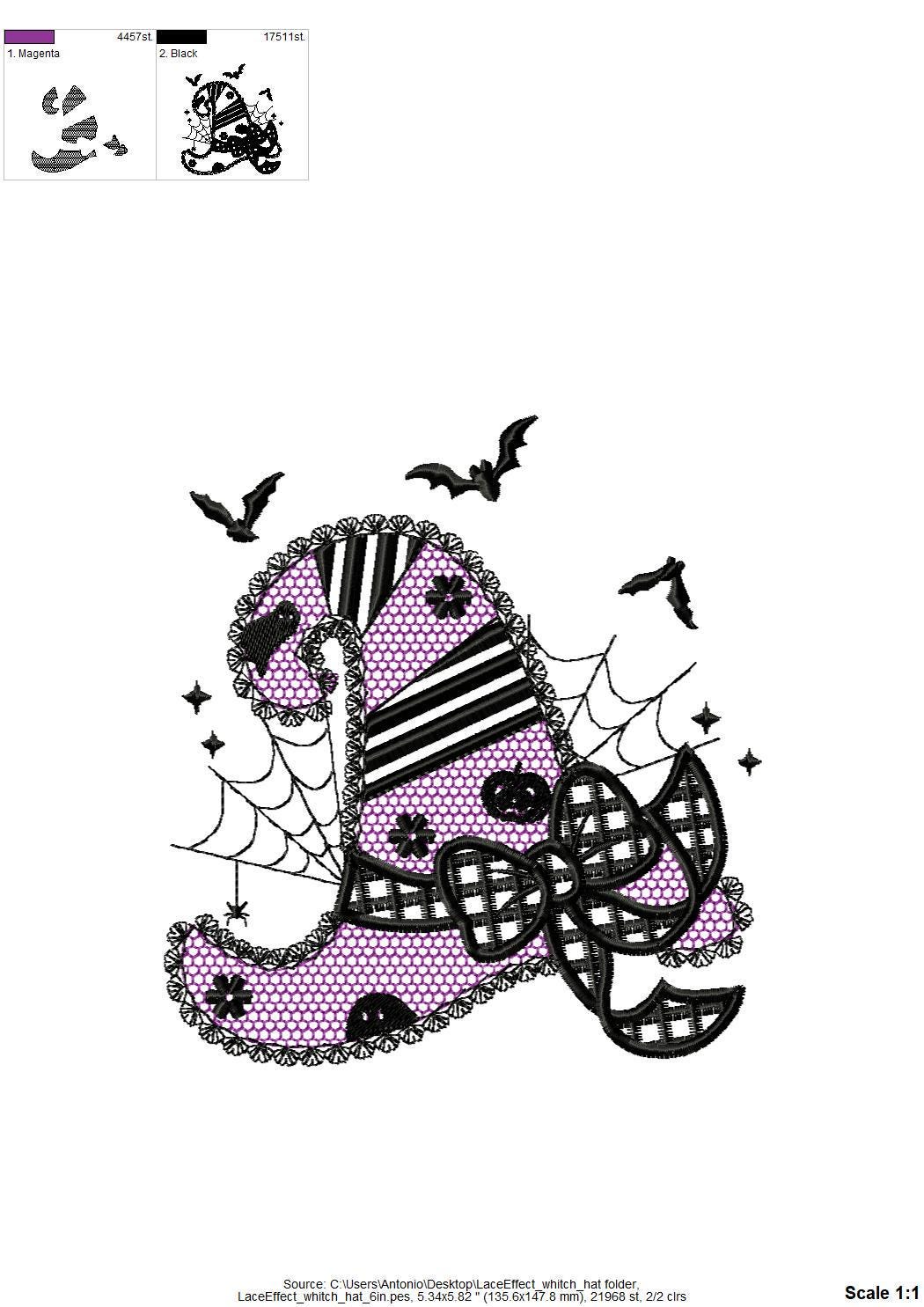 Halloween Witch Hat with lace effect machine embroidery designs many sizes 4 up to 8 inch awesome bow spiderweb bat patterned design