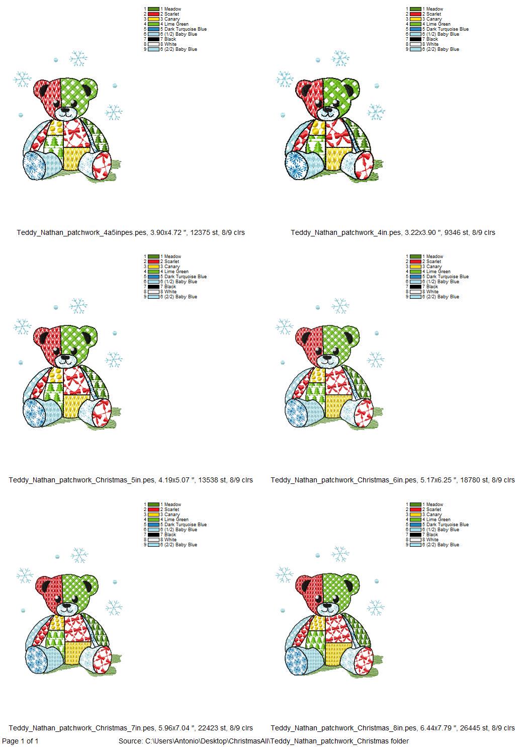 Patchwork Teddy Bear Nathan Christmas theme cute Teddy patterned silhouette outline kids baby machine embroidery designs sizes 4 up to 8 in