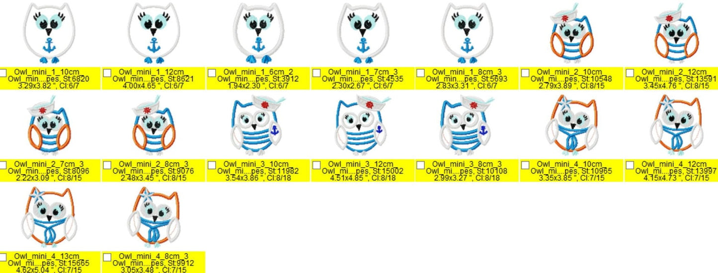 Nautical owls Set of 4 – Sizes 3" 4" 5" 7" Digital Embroidery File | Artapli