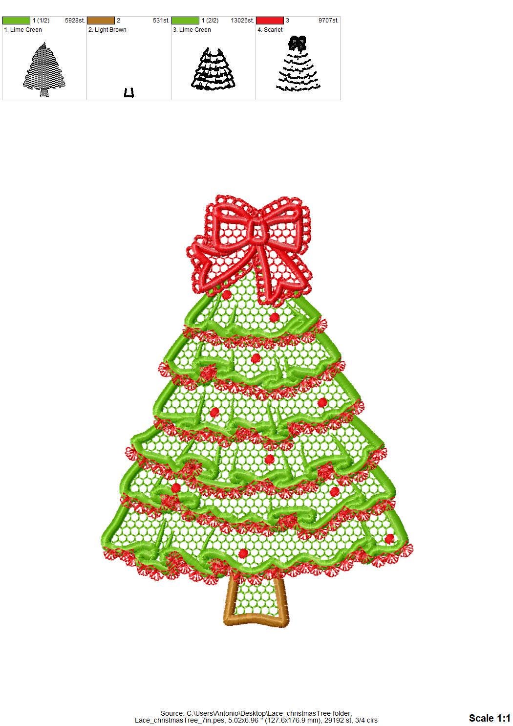 Festive Christmas Tree with Bow awesome Lace Effect and Ruffle machine embroidery designs for hoop 5x7 6x10 8x8 sweet home decoration