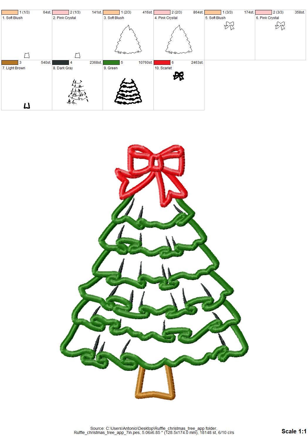 Ruffle Christmas Tree with Bow Applique machine embroidery design