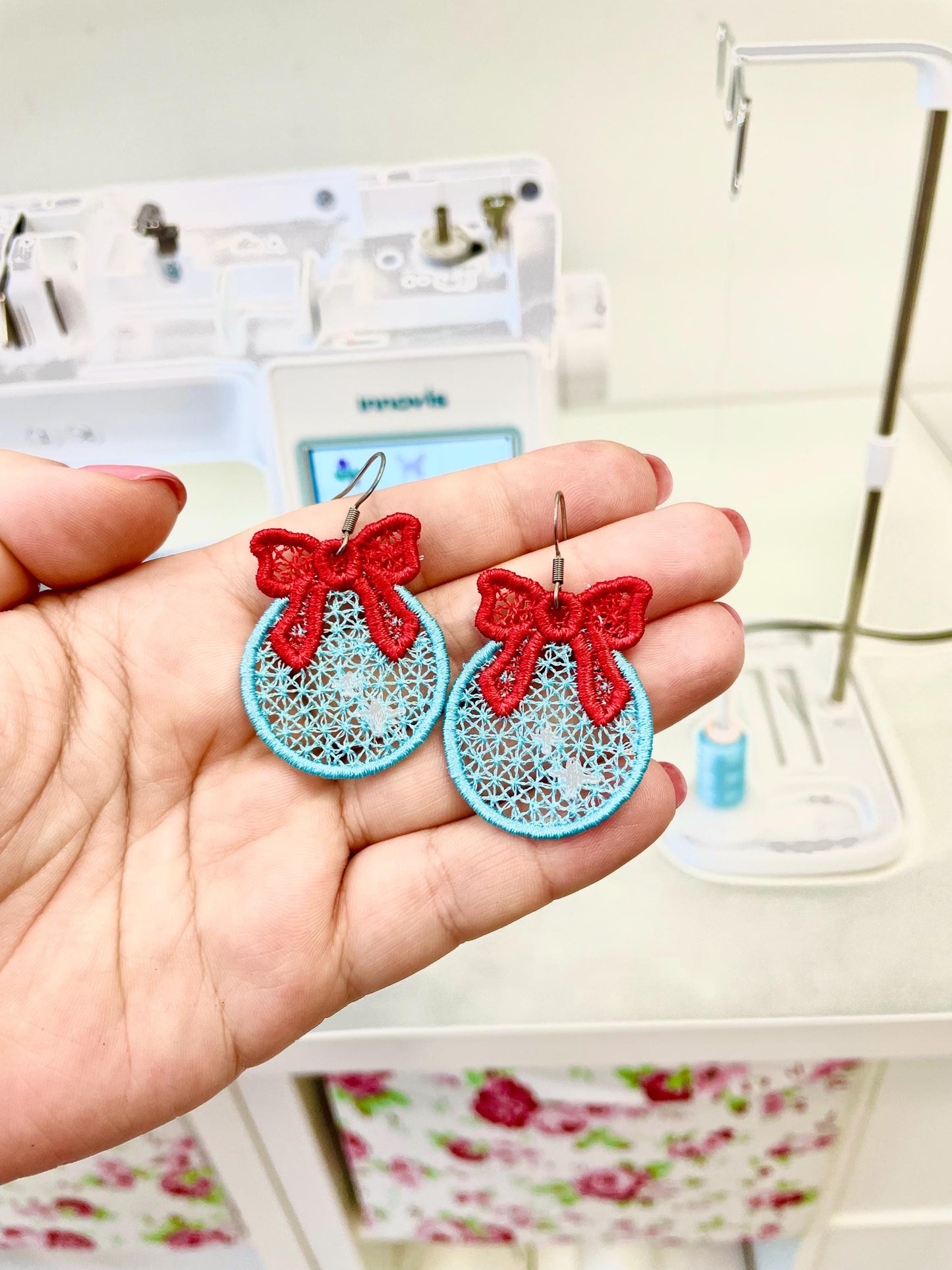 Christmas Ornament with Bow Earrings Charm or gift tag FSL freestanding lace machine embroidery designs girls earrings simply in the hoop