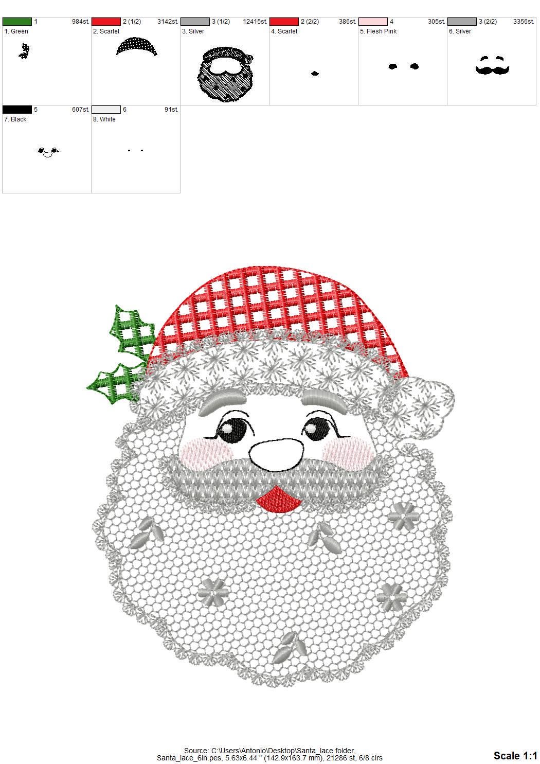 Cute Floral Christmas Santa lace effect and plaid hat machine embroidery designs assorted sizes 4 up to 8 inch kids girls delicate design