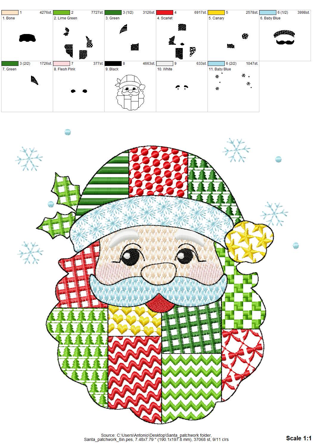 Awesome Patchwork Santa Christmas patterned Santa outline machine embroidery designs many sizes 4 up to 8 inch Snowflake folk farm design