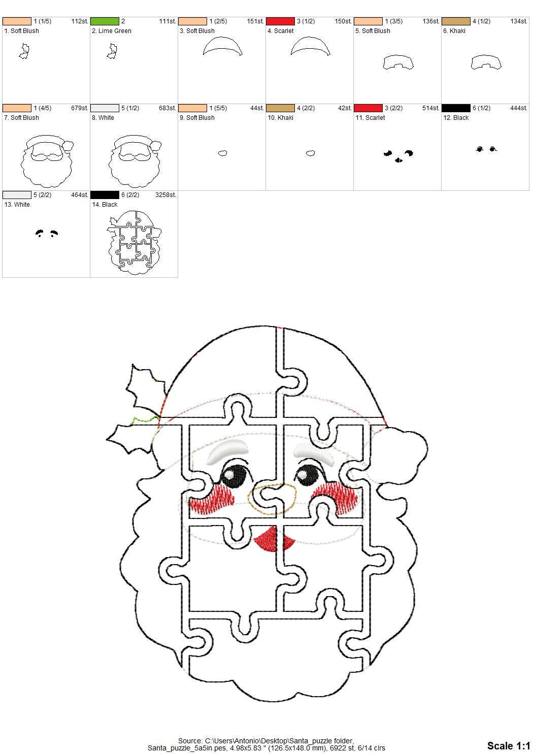 Christmas Santa Puzzle Applique simply ITH in the hoop kids game idea machine embroidery designs sizes for hoop 5x7 6x10 8x8 felt feltie