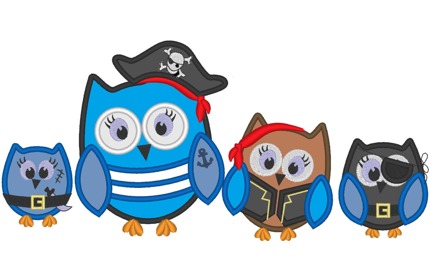 Pirate Owl Boys Set of 4 Machine Embroidery 3" 4" 5" 7" | PES DST JEF | Artapli