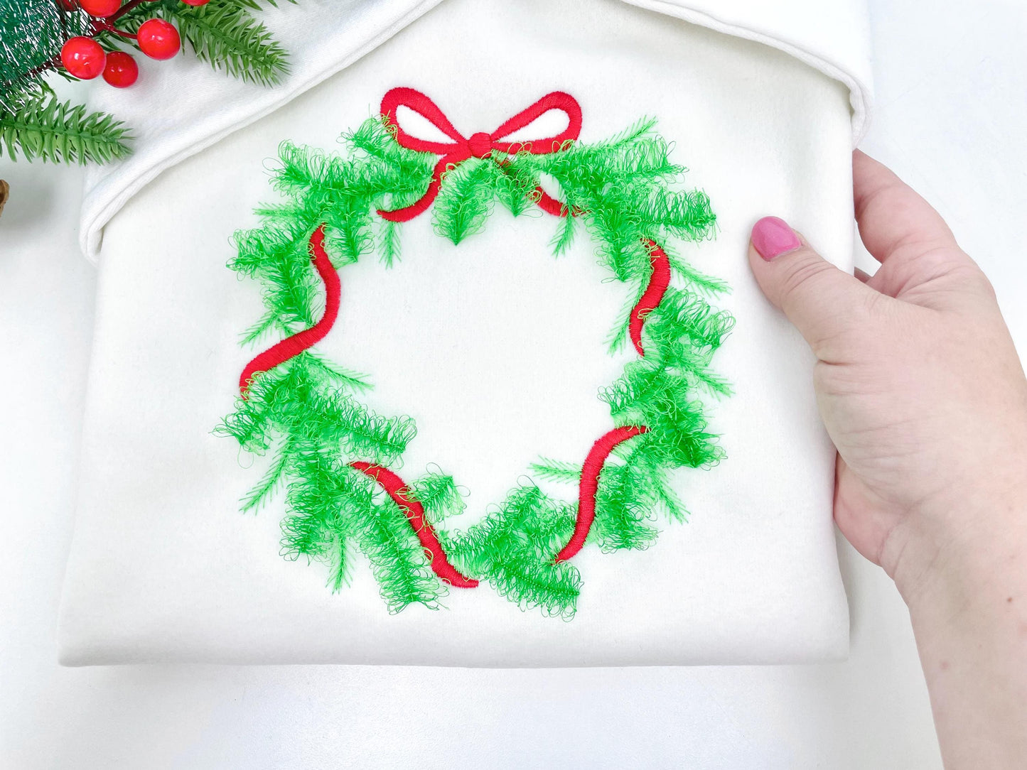 Fringed Christmas Wreath Machine Embroidery Designs Fur Chenille Fluffy Christmas Tree Garland Bow Crown Woodland Spruce Sizes 5 up to 8 In - Etsy