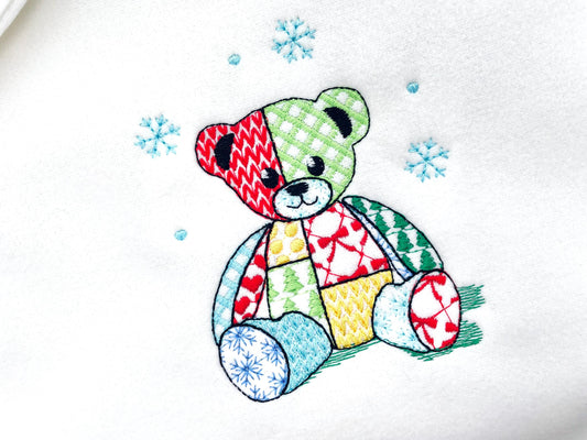 Patchwork Teddy Bear Nathan Christmas theme cute Teddy patterned silhouette outline kids baby machine embroidery designs sizes 4 up to 8 in