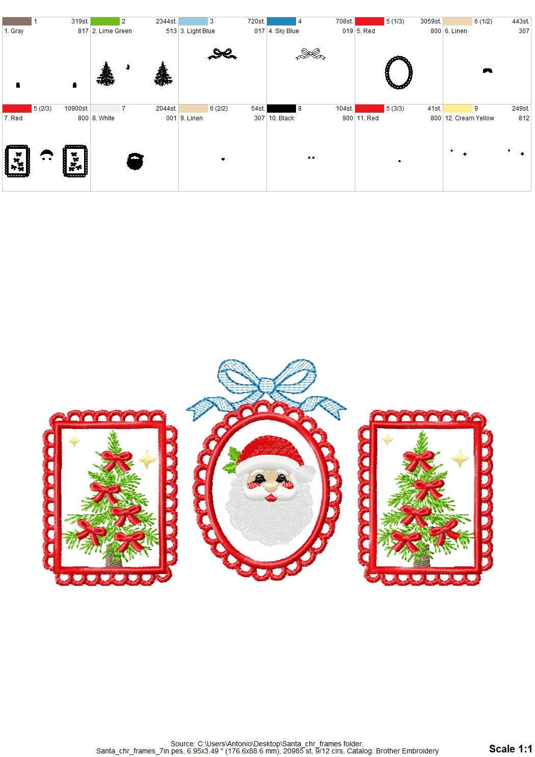 Christmas Tree and Santa Trio lace Frame and Bow machine embroidery designs sizes 7 up to 10 inch holidays festive tshirt home decor design