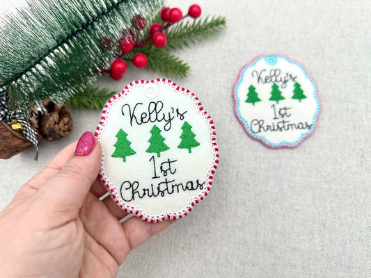 Classic Oval scalloped baby 1st Christmas Candy satin edge with Green Red thread ornaments decoration design