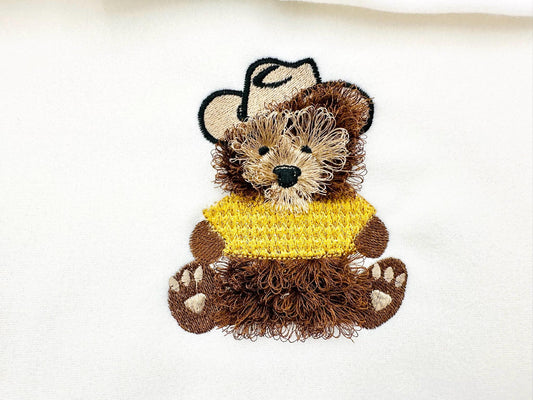 Fringed Fluffy Teddy Bear Dan With Cowboy Hat and Knit Sweater Kids Chenille Fringe Machine Embroidery Design