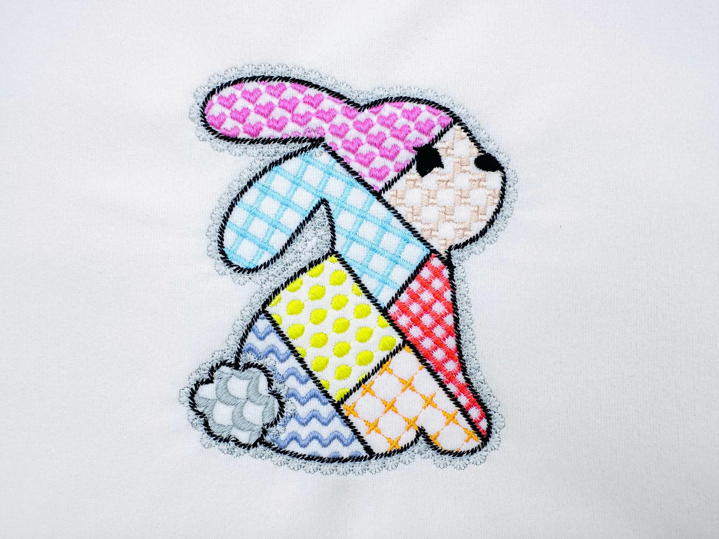 Adorable Patchwork Bunny with Lace edge kids baby girls outfit patterned Bunny outline machine embroidery designs many sizes 3 up to 8 inch