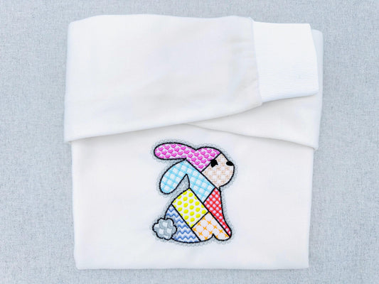 Adorable Patchwork Bunny with Lace edge kids baby girls outfit patterned Bunny outline machine embroidery designs many sizes 3 up to 8 inch