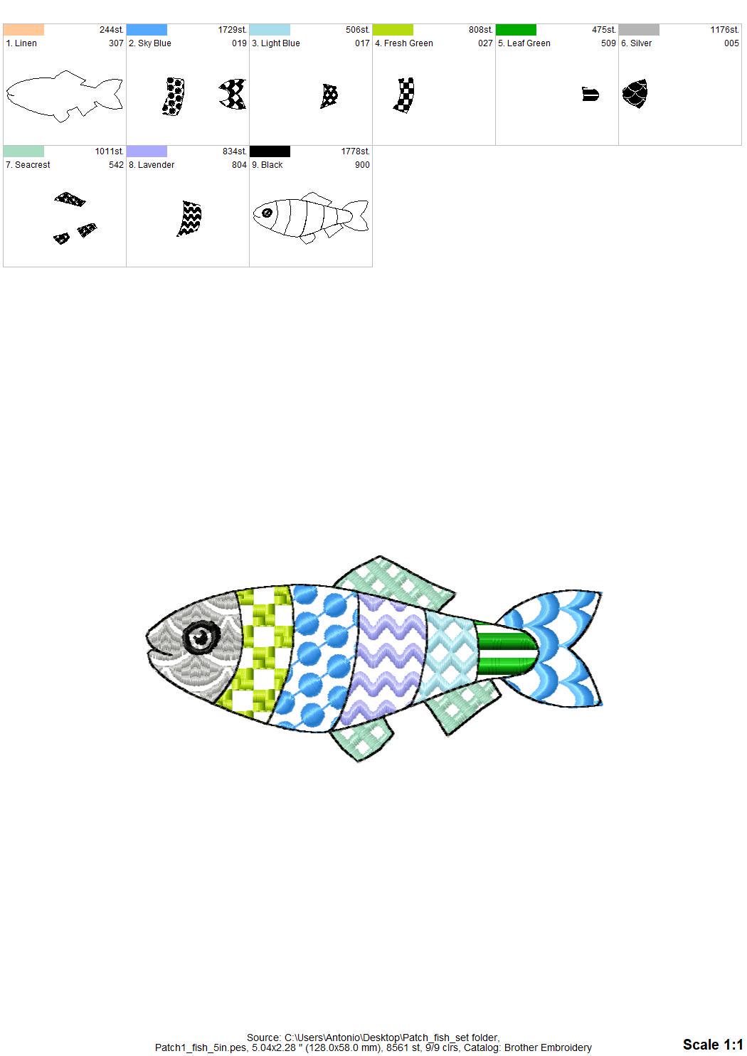 Patchwork Fish SET of 3 cute patterned Fish outline kids baby nautical Fisher Fisherman machine embroidery designs