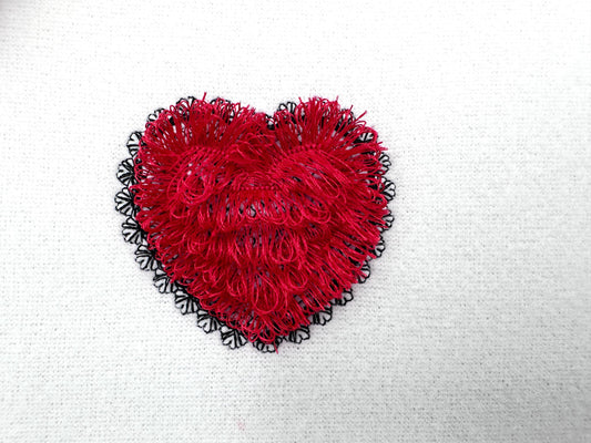 Lace Edge Fringed Valentine Heart chenille awesome Fringe Heart fringe ITH in the hoop machine embroidery designs mini sizes 1.5 up to 3 in