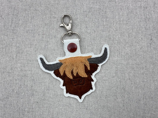 Rustic Highland Cow Bull Applique Eyelet and Key Fob Snap Tab keychain in the hoop machine embroidery designs ITH men boys key tag gift idea