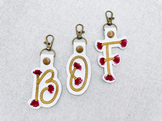 Twisty Rope with fringed Tassel Eyelet and Key Fob Snap Tab Monogram in the hoop ITH keychain machine embroidery designs