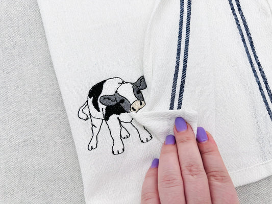 Cute Playing Little Bull Heifer Calf baby cow kitchen dish towel Farm animal kids machine embroidery designs ITH