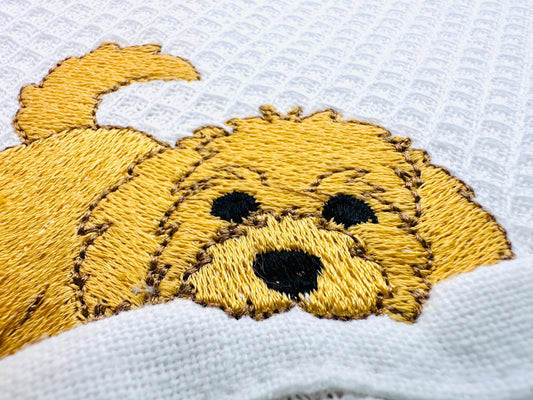 Playing Little Golden Doodle Puppy Dog Mama kitchen dish towel animal kids machine embroidery designs ITH