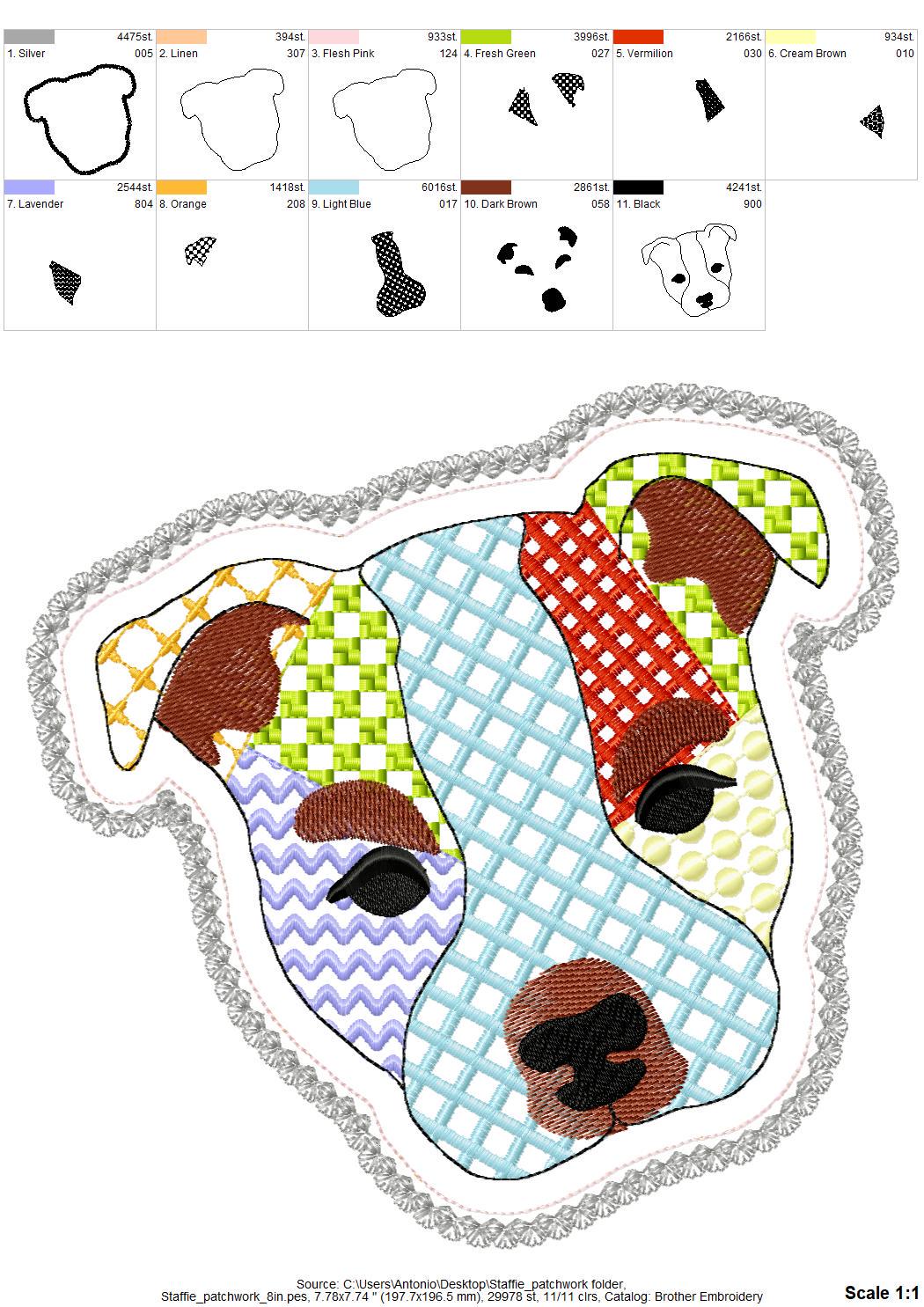 Staffie Staffordshire Bull Terrier Applique Patchwork Lace Edge patterned Puppy dog machine embroidery designs