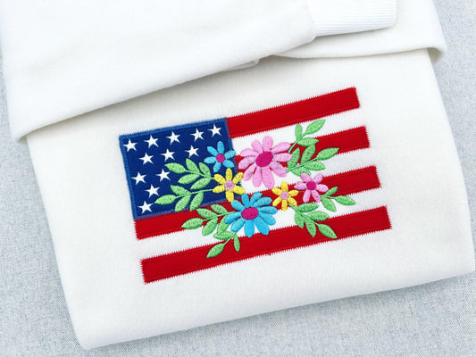 Floral Summer USA Flag Applique zigzag outline and light stitch machine embroidery design patriotic sweet home 4th of July