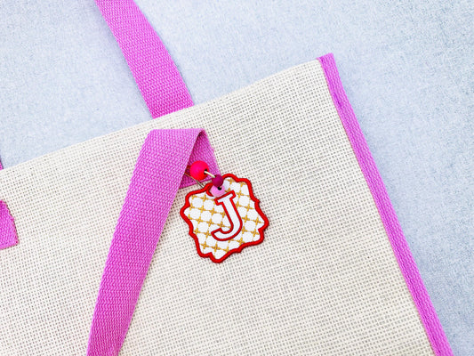 Chic patterned Lux fashion Bag Tag Charm with Monogram Font in the hoop machine embroidery designs ITH