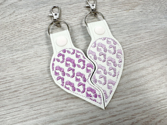 Leopard print Split Heart Eyelet and Key Fob Snap Tab keychain in the hoop machine embroidery designs ITH Valentines Day friends bag tag