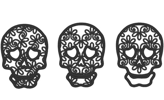 Lace curly skulls collection set of 3 types, Calavera, Halloween, machine embroidery applique designs for hoops 4x4 and 5x7 INSTANT DOWNLOAD