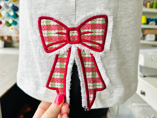 Fringed Christmas Gingham Plaid Bow Applique Embroidery Design