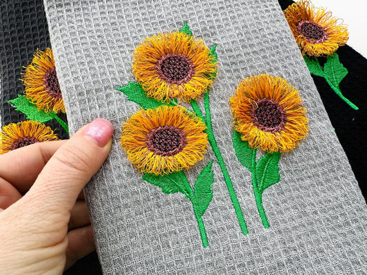 Three Sunflower Stems Fringe Embroidery Design