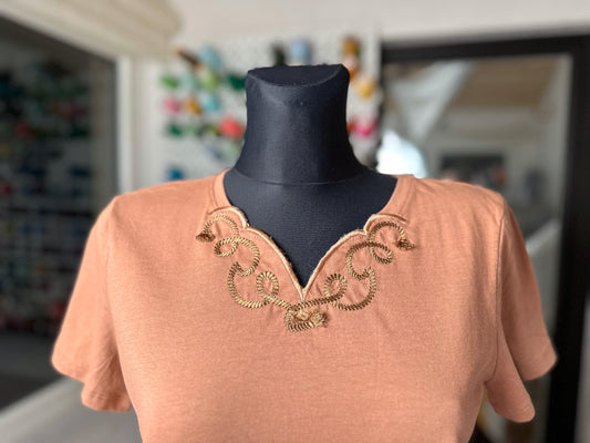 Rope Stitch Neckline Cutout Fringe Embroidery Design