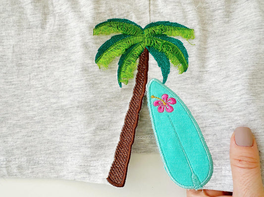 Summer Beach Palm and Surfing Board Applique Embroidery Design