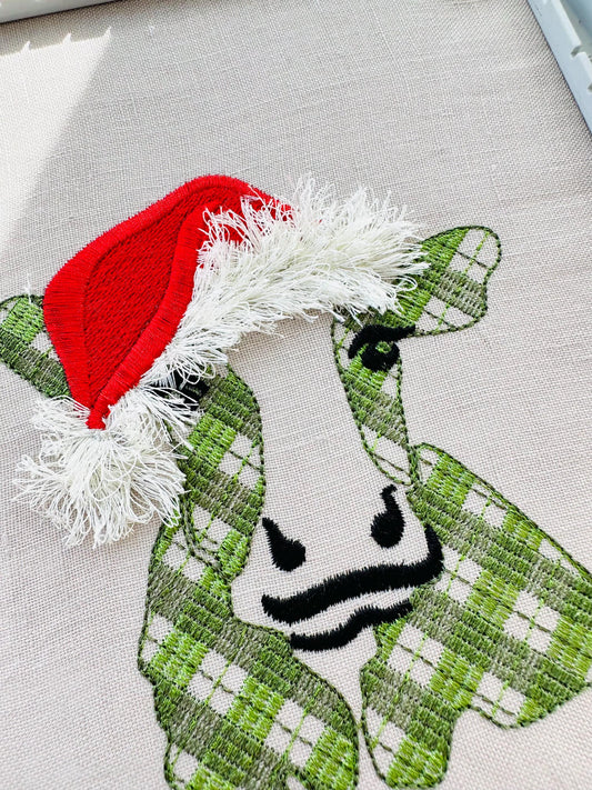 Gingham Cow Fringed Santa Hat Embroidery Design