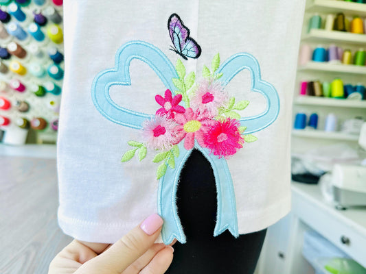 Butterfly Applique Embroidery Design — Fringed Flower & Heart Bow
