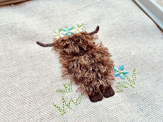 Floral Chenille Longhorn Highland Cow Calf Embroidery Design