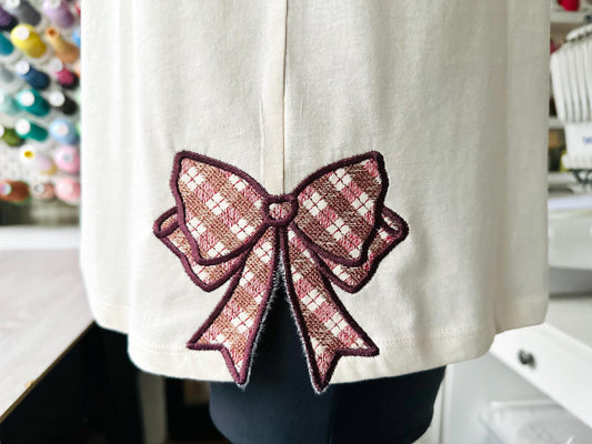Gingham Plaid Side Seam Bow Appliqué Embroidery Design