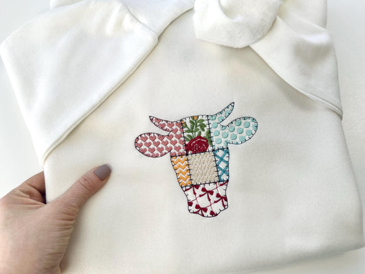 Patchwork Patterned Cow Head In-the-Hoop Embroidery Design