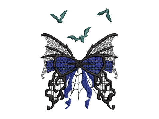 Halloween Bow with Flying Bats Lace Embroidery Design