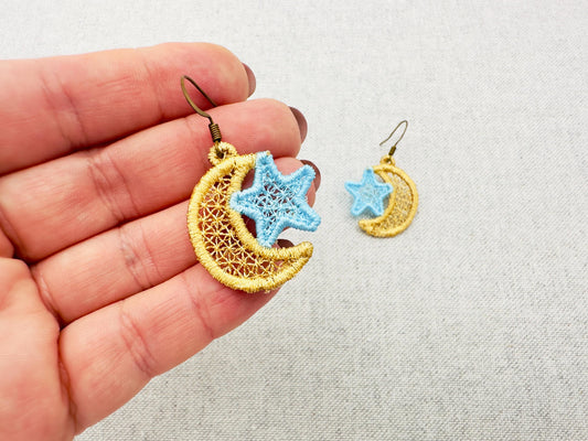 Moon and Star Freestanding Lace Earrings Embroidery Design