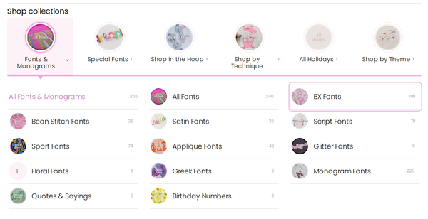 Collections open on Fonts & Monograms, with BX Fonts in the list