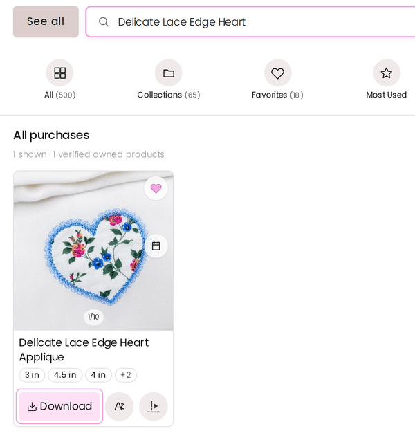 A design card in My Library with the pink Download button
