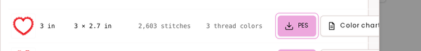 One size row in the Library: size, width × height, stitches, thread colors, the PES download button and Color chart